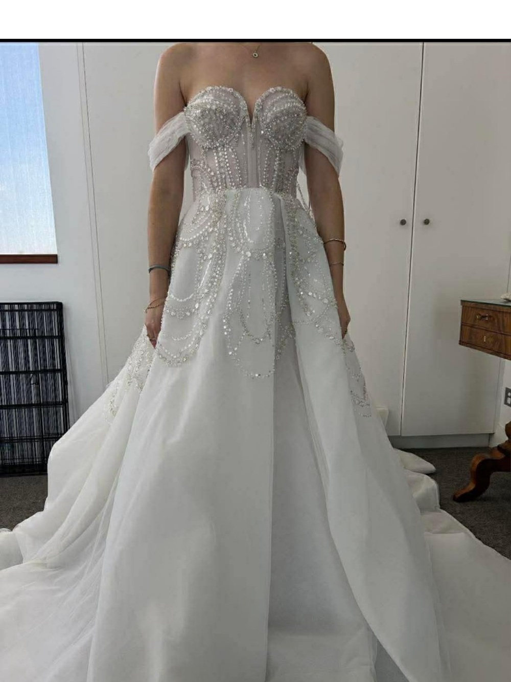 Pallas Couture Embellished Off-Shoulder Strapless Wedding Gown in White AU 6